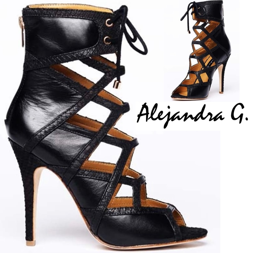 Black laced Alejandra G Wanda Black Leather Snake Stiletto Heel Sandals Pumps 37